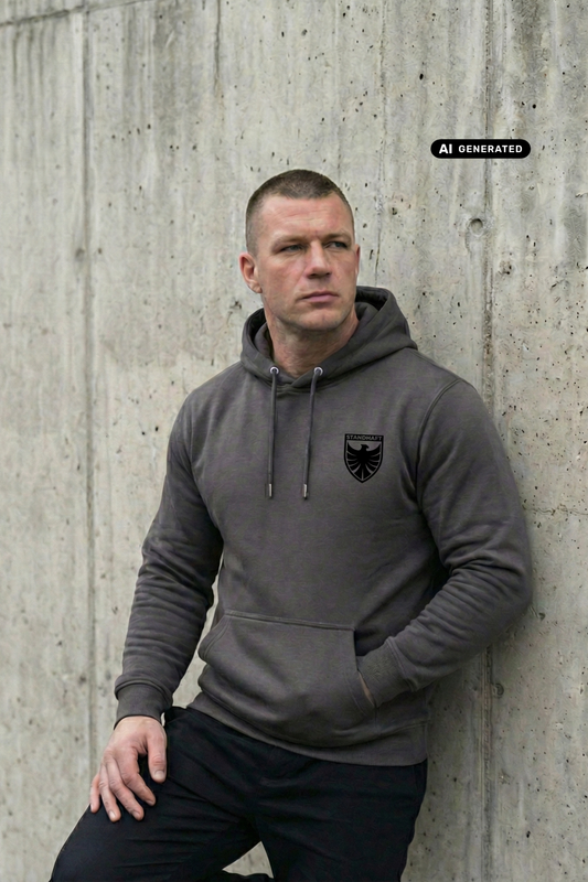 Ein Mann, der an einer Betonwand lehnt, trägt einen dunkelgrauen Hoodie mit einem schwarzen Wappen-Logo samt Adlergrafik und „STANDHAFT“-Schriftzug auf der linken Brust.