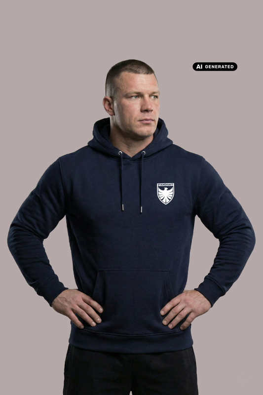 Ein Mann mit den Händen in den Hüften trägt einen dunkelblauen Hoodie mit einem weißen Wappen-Logo samt Adlergrafik und „STANDHAFT“-Schriftzug auf der linken Brust.