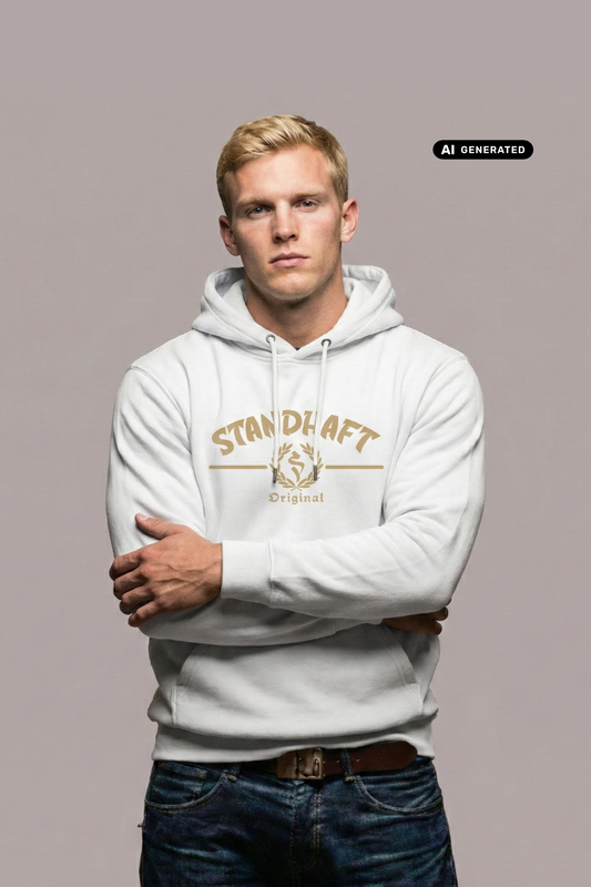 Ein Mann trägt einen weißen Hoodie mit goldenem „STANDHAFT“-Schriftzug und Lorbeerkranz-Logo auf der Brust.