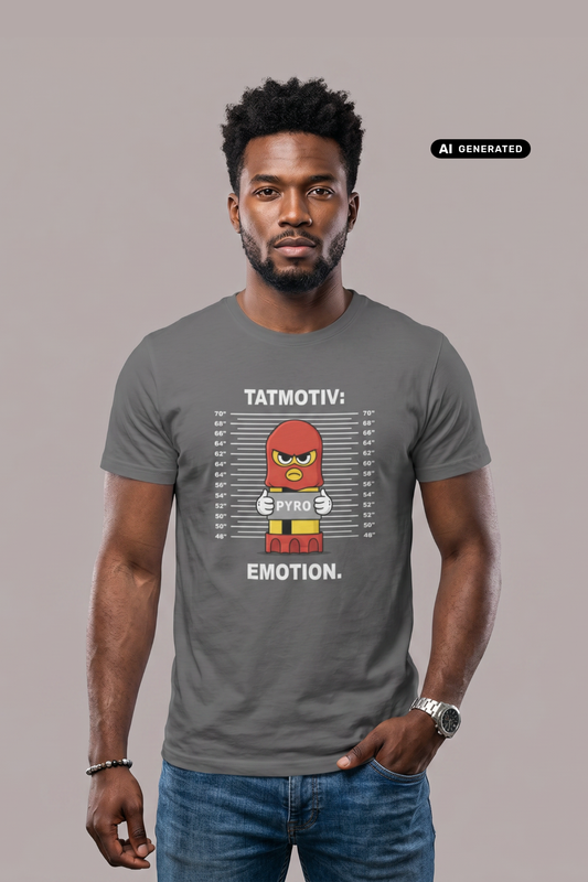 Ein Mann trägt ein dunkelgraues T-Shirt mit dem Comic-Print einer Pyro-Figur vor einer Größenskala und den Schriftzügen „TATMOTIV:“ und „EMOTION.“.