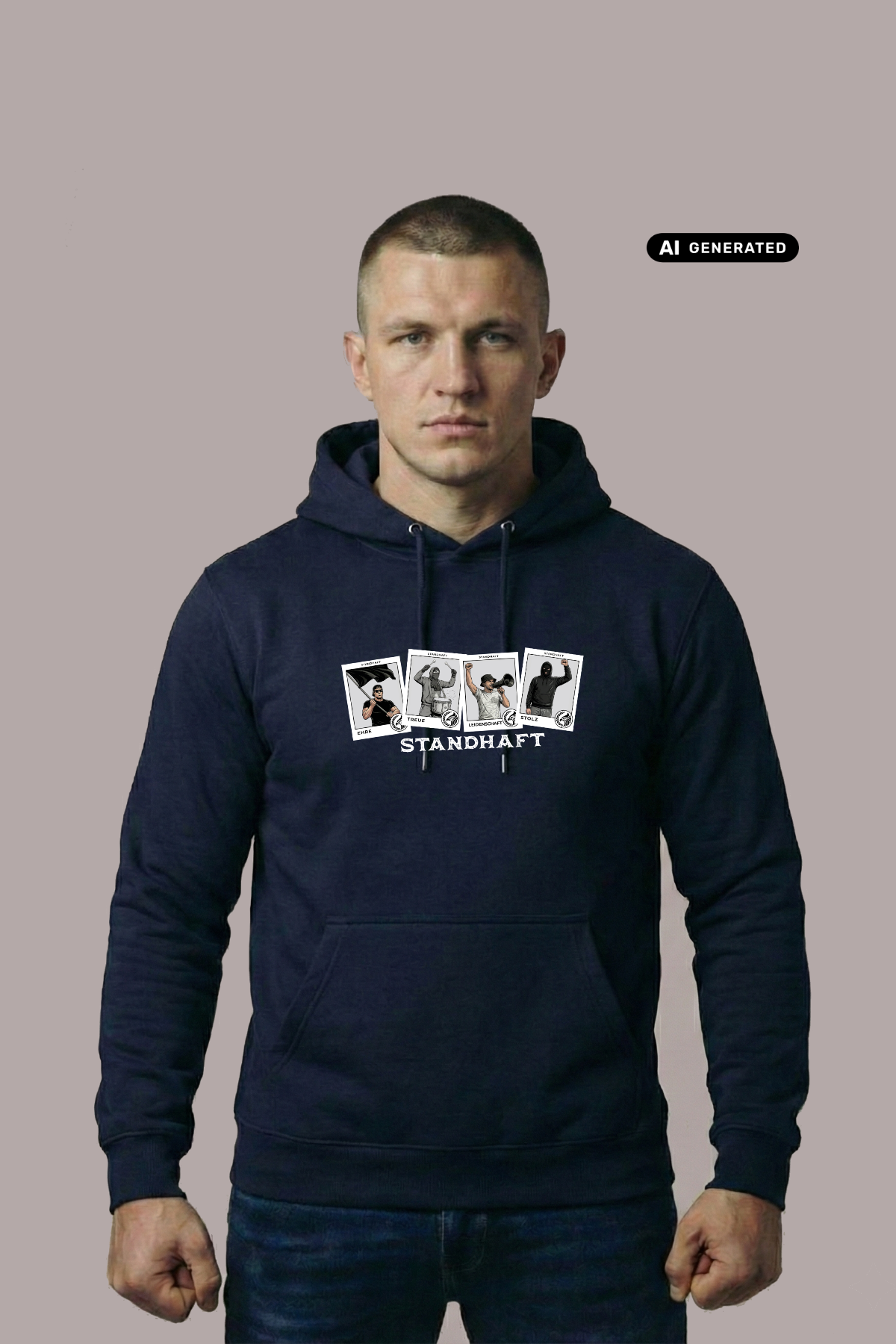 Kurzhaariger Mann in dunkelblauem Hoodie mit dem Aufdruck „STANDHAFT“ und vier Motivkarten vor grauem Hintergrund.