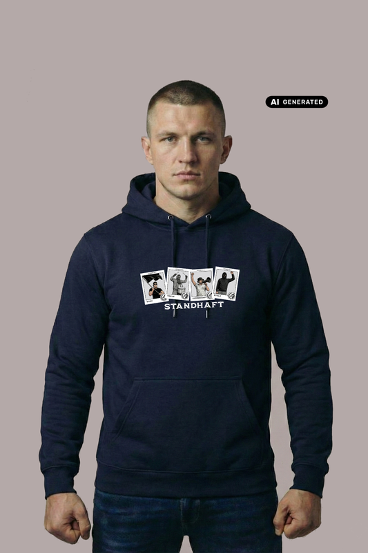Kurzhaariger Mann in dunkelblauem Hoodie mit dem Aufdruck „STANDHAFT“ und vier Motivkarten vor grauem Hintergrund.