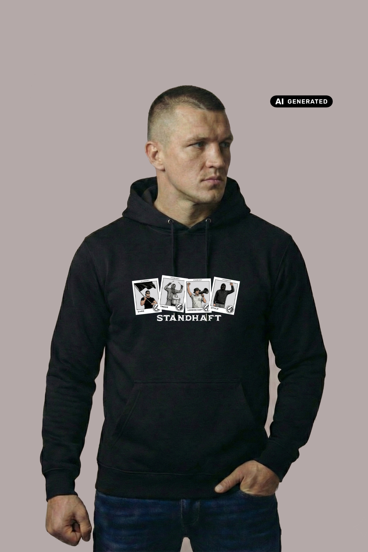 Kurzhaariger Mann in schwarzem Hoodie mit dem Aufdruck „STANDHAFT“ und vier Motivkarten vor grauem Hintergrund.