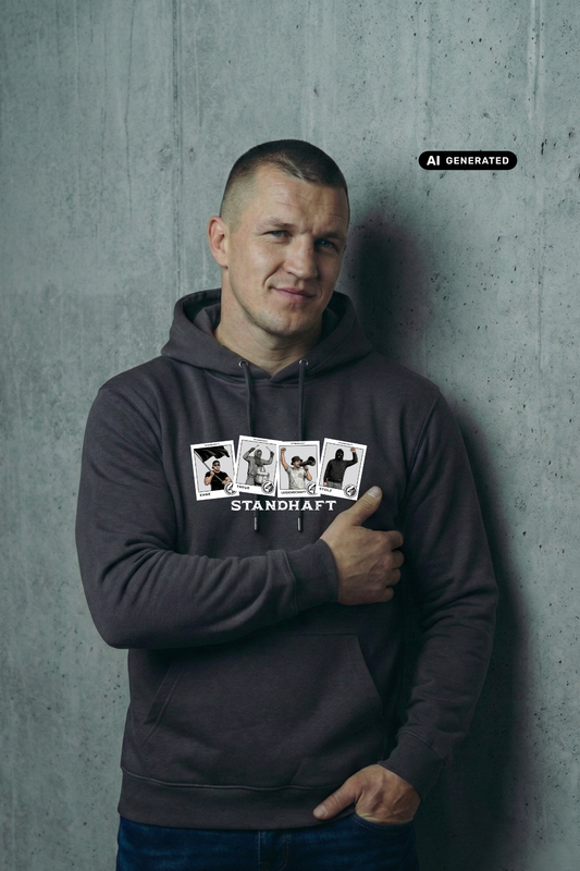 Kurzhaariger Mann im dunkelgrauen Hoodie mit dem Aufdruck „STANDHAFT“ und vier Motivkarten vor Betonwand.
