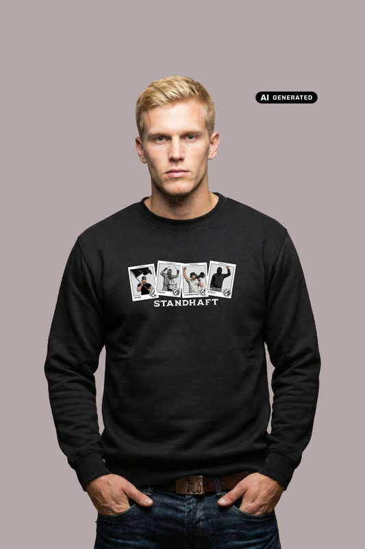 Blonder Mann in schwarzem Pullover mit der Aufschrift „STANDHAFT“ und vier Motivkarten, dazu blaue Jeans.