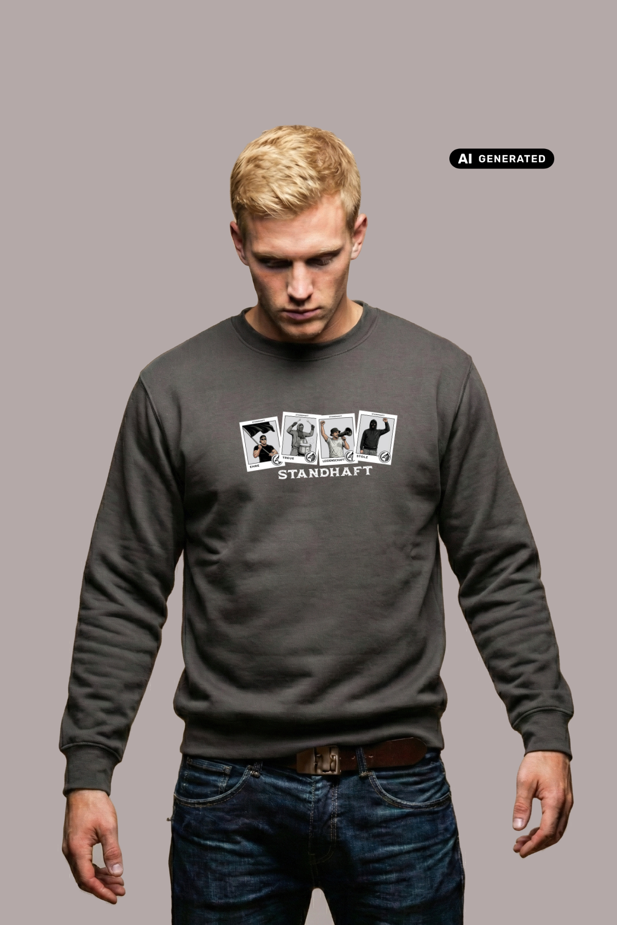 Ein blonder Mann trägt einen grauen Pullover mit dem Aufruf „STANDHAFT“ und vier kleinen Karten Motiven sowie Jeans.