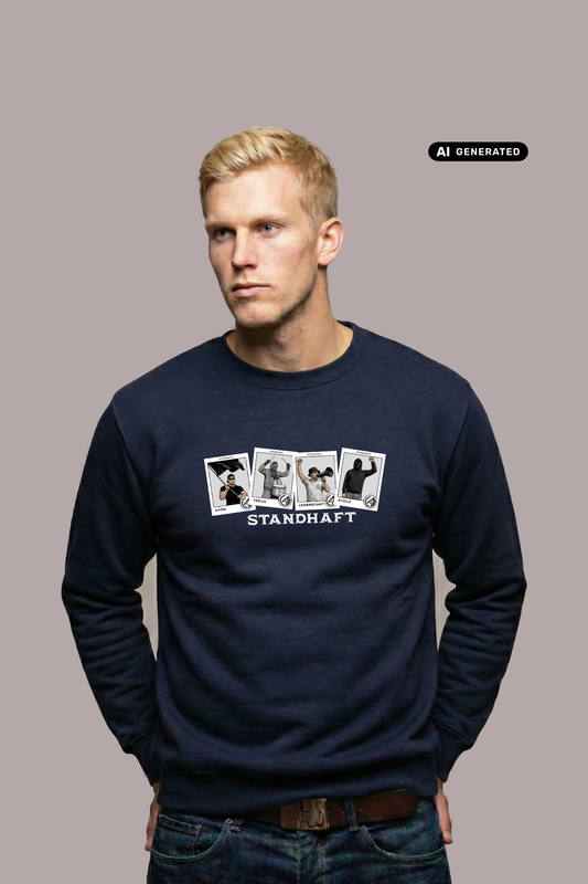 Blonder Mann in dunkelblauem Pullover mit der Aufschrift „STANDHAFT“ und vier Motivkarten, dazu blaue Jeans.