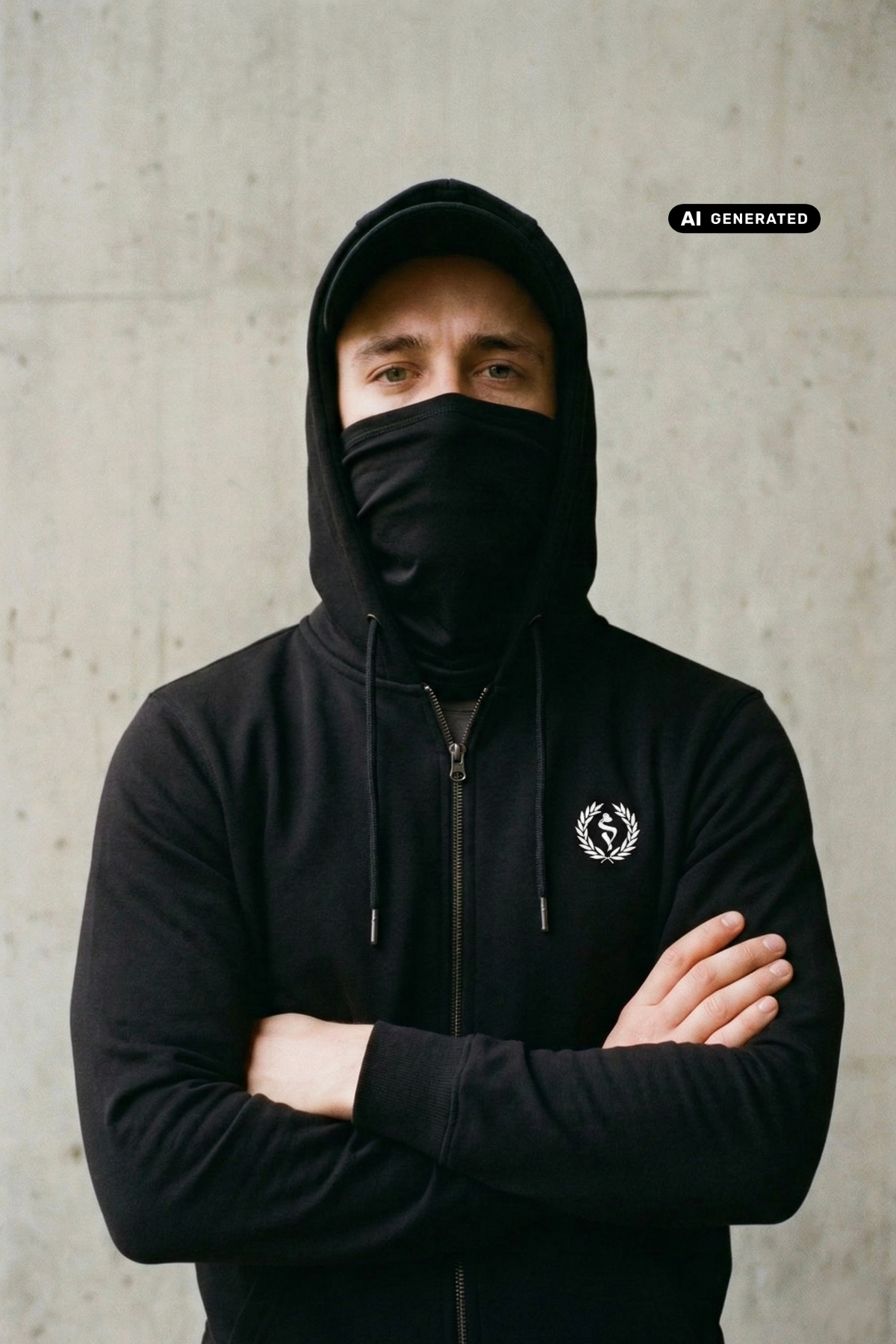 Mann mit Cap und Gesichtsmaske in schwarzer Zipper-Jacke mit Lorbeerkranz-Logo, verschränkte Arme, frontaler Blick.