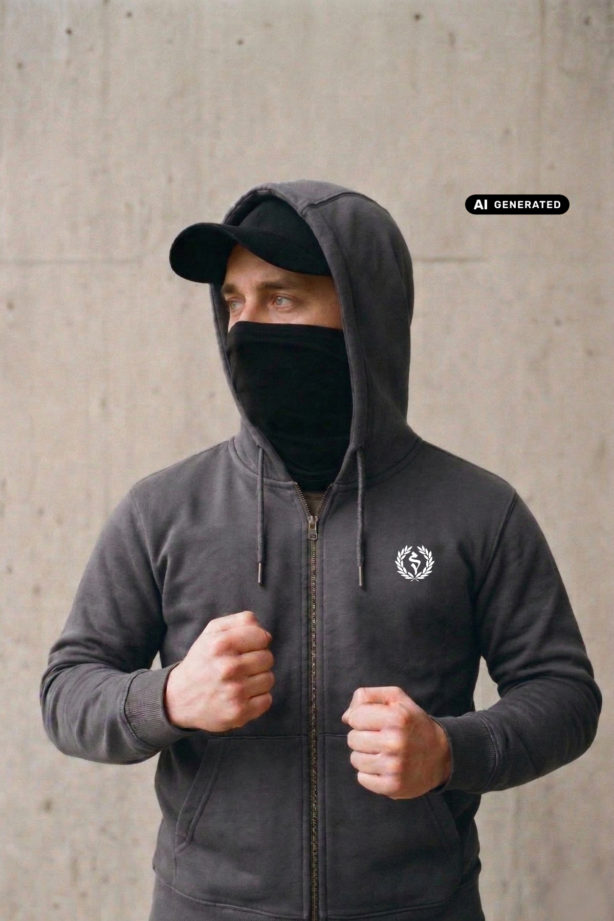Mann mit Cap und Gesichtsmaske in dunkelgrauer Zipper-Jacke mit Lorbeerkranz-Logo, Blick nach links gerichtet.