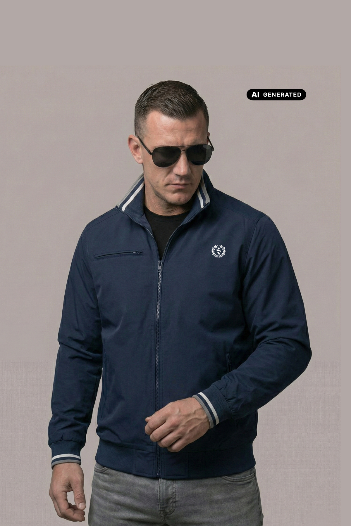 Mann mit Sonnenbrille in dunkelblauer Bomberjacke mit Lorbeerkranz-Logo und hellen Streifen an Kragen und Bündchen.