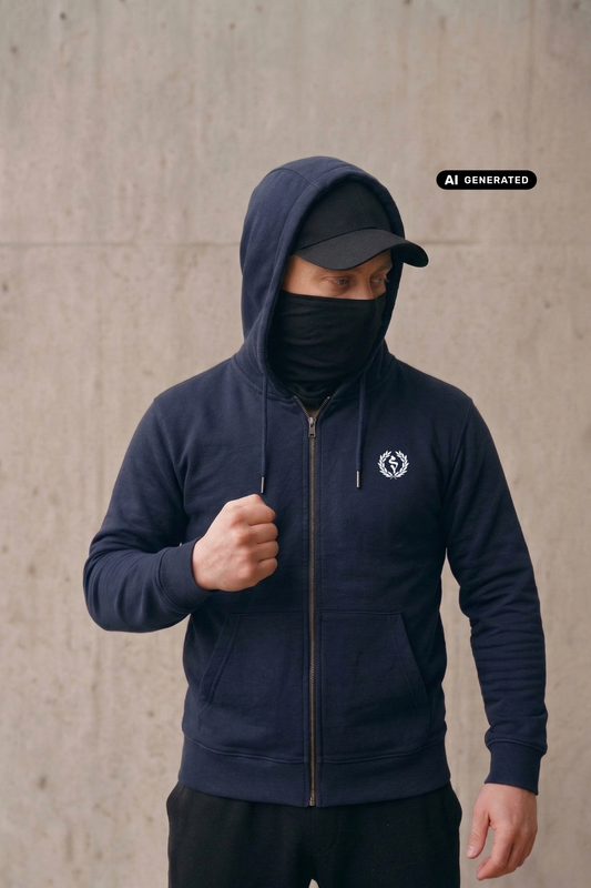 Mann mit Cap und Gesichtsmaske in dunkelblauer Zipper-Jacke mit Lorbeerkranz-Logo, Blick nach rechts gerichtet.