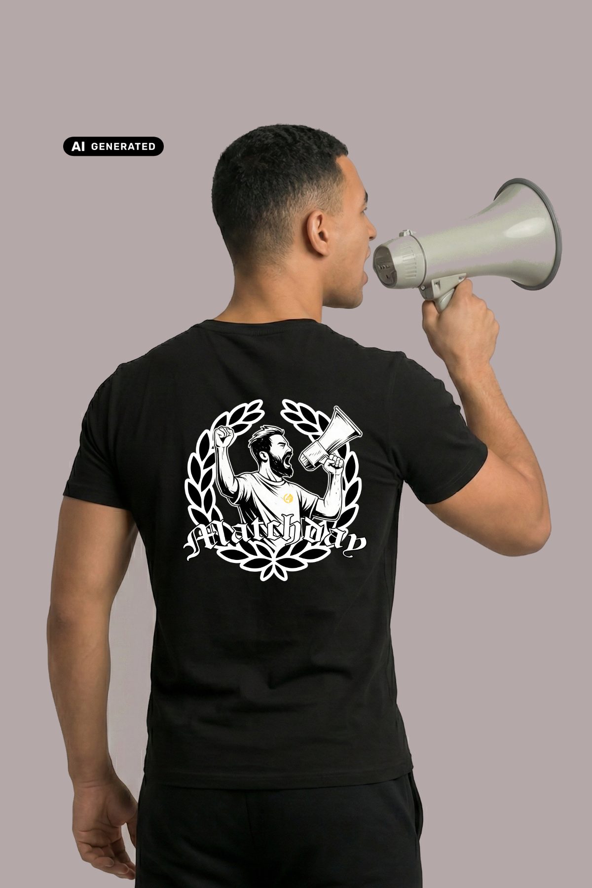 Rückansicht eines Mannes im schwarzen T-Shirt mit großem „Matchday“-Rückenprint, der in ein Megafon ruft.