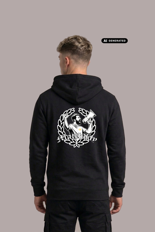 Rückansicht eines Mannes im schwarzen Hoodie mit großem „Matchday“-Rückenprint.