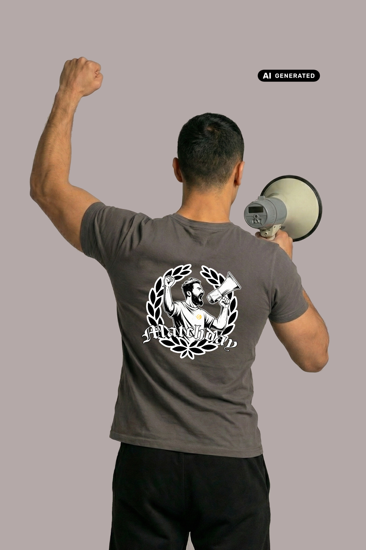 Rückansicht eines Mannes im dunkelgrauen T-Shirt mit „Matchday“-Rückenprint, der ein Megafon und die Faust erhebt.