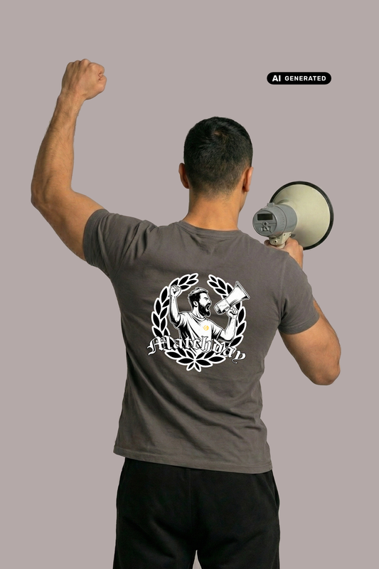 Rückansicht eines Mannes im dunkelgrauen T-Shirt mit „Matchday“-Rückenprint, der ein Megafon und die Faust erhebt.