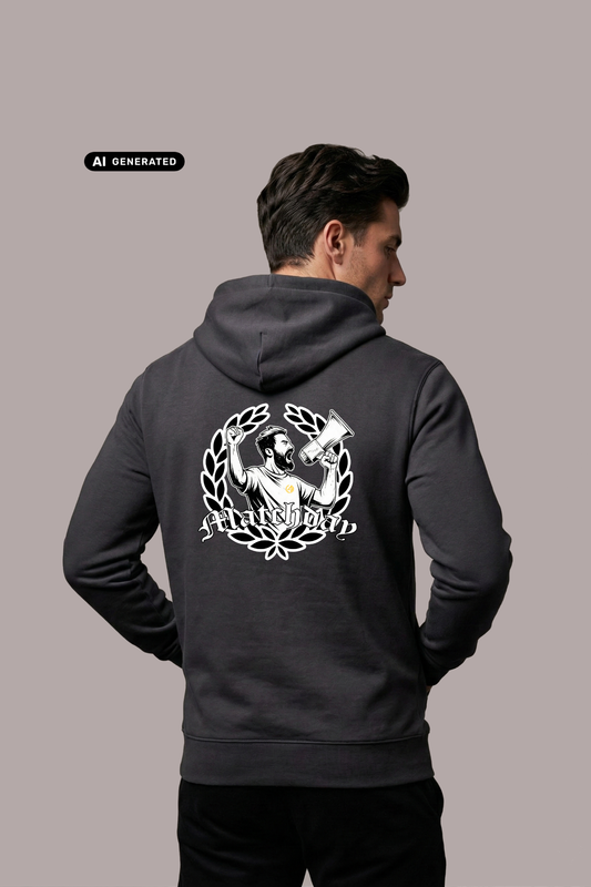 Rückansicht eines Mannes im dunkelgrauen Hoodie mit großem „Matchday“-Rückenprint.