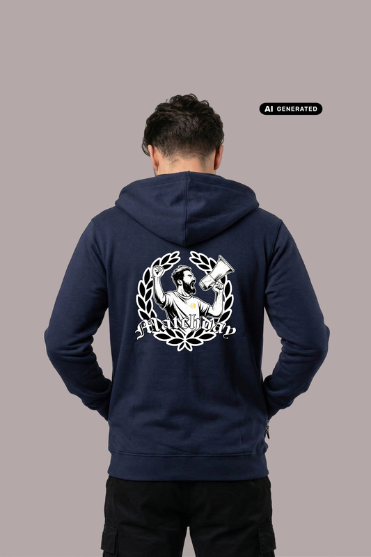 Rückansicht eines Mannes im dunkelblauen Hoodie mit großem „Matchday“-Rückenprint.