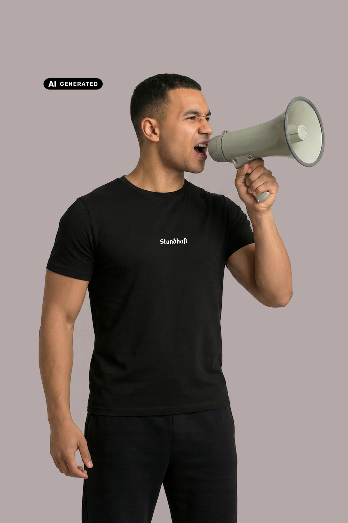 Schreiender Mann im schwarzen T-Shirt mit weißem Aufdruck „Standhaft“, der ein Megafon an den Mund hält.