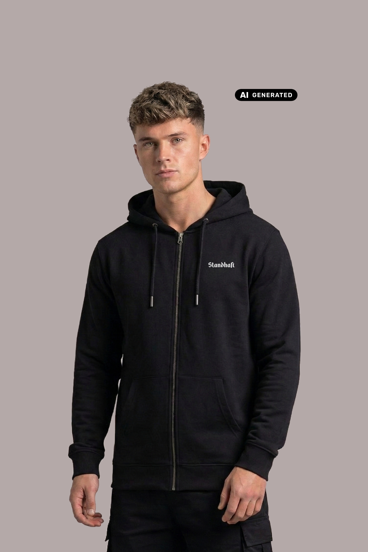 Mann im schwarzen Hoodie mit Reißverschluss und weißem Brustaufdruck „Standhaft“, frontaler Blick.