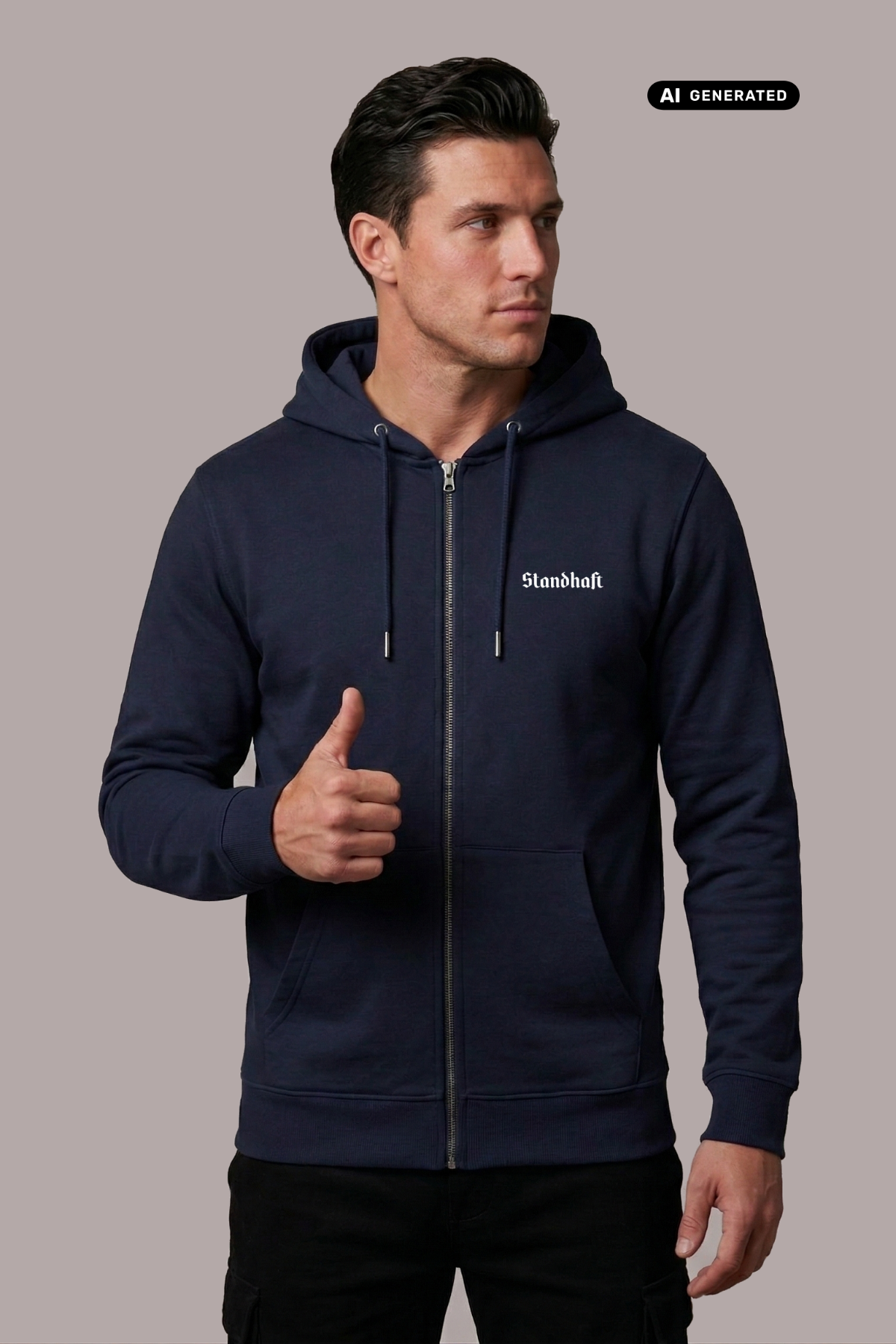 Mann im dunkelblauen Hoodie mit Reißverschluss und weißem Brustaufdruck „Standhaft“, zeigt Daumen nach oben.