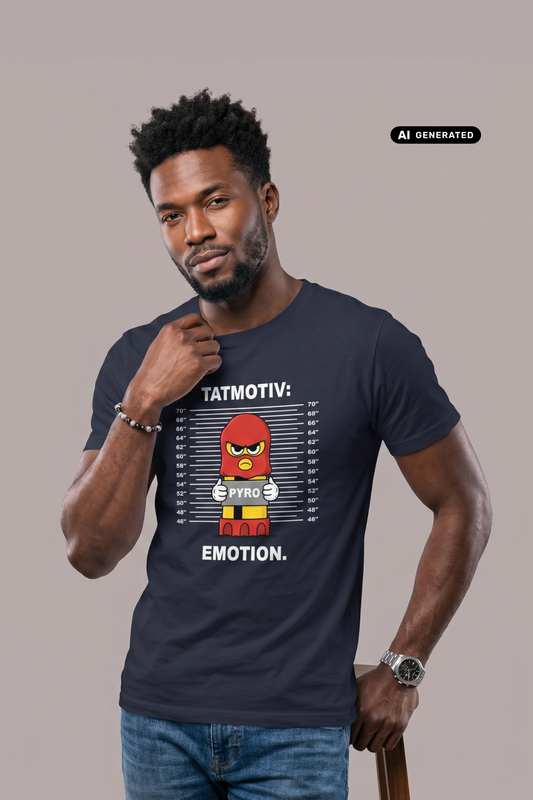 Ein Mann trägt ein dunkelblaues T-Shirt mit dem Comic-Print einer Pyro-Figur vor einer Größenskala und den Schriftzügen „TATMOTIV:“ und „EMOTION.“.