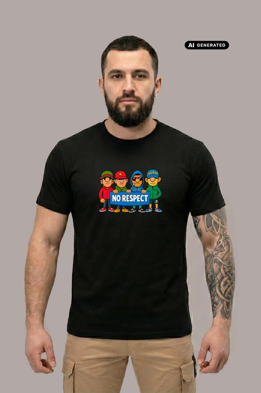 Ein Mann trägt ein schwarzes T-Shirt mit einem bunten Comic-Grafik-Print und dem Schriftzug „NO RESPECT“.