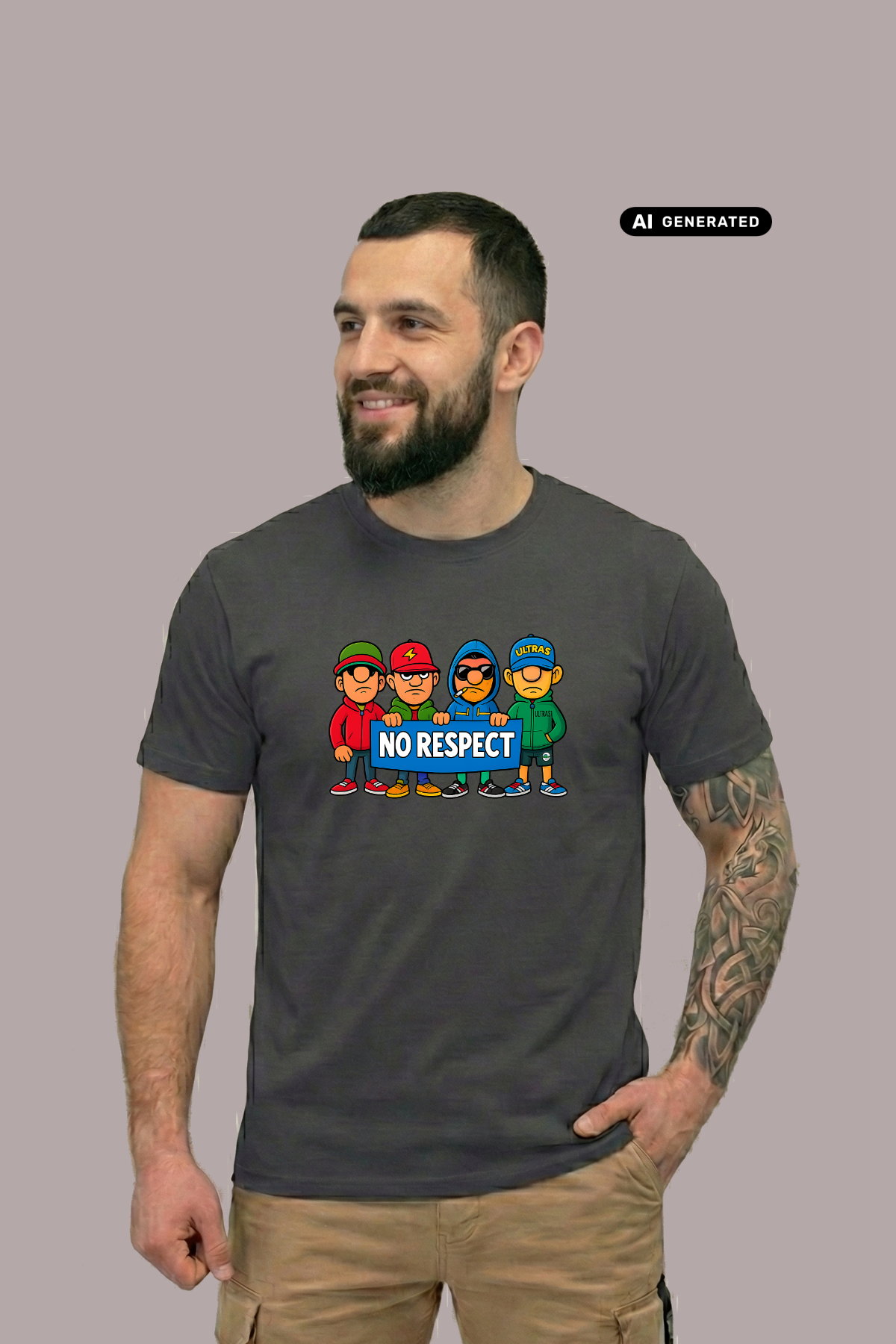 Ein Mann trägt ein dunkelgraues T-Shirt mit einem bunten Comic-Grafik-Print und dem Schriftzug „NO RESPECT“.