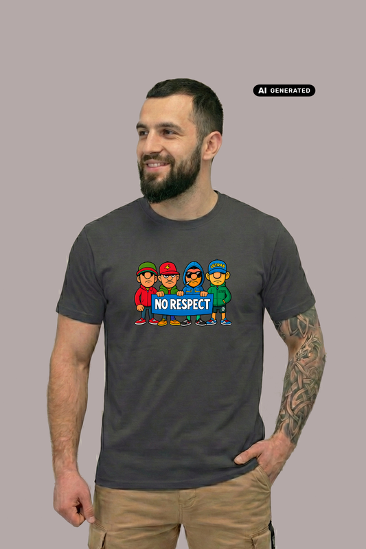 Ein Mann trägt ein dunkelgraues T-Shirt mit einem bunten Comic-Grafik-Print und dem Schriftzug „NO RESPECT“.