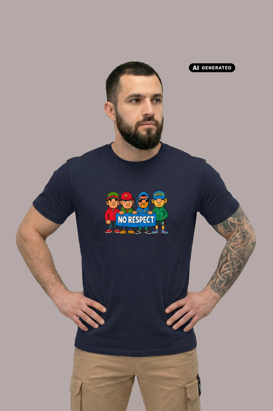 Ein Mann trägt ein dunkelblaues T-Shirt mit einem bunten Comic-Grafik-Print und dem Schriftzug „NO RESPECT“.