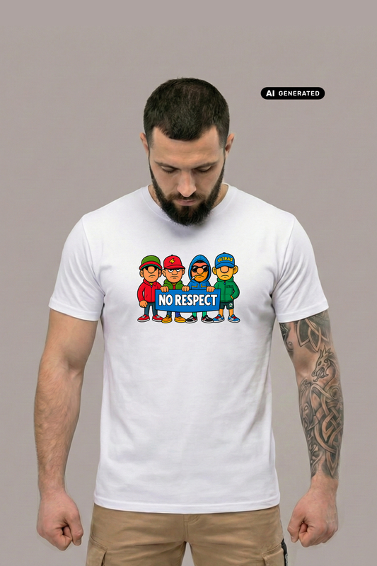 Ein Mann trägt ein weißes T-Shirt mit einem bunten Comic-Grafik-Print und dem Schriftzug „NO RESPECT“.