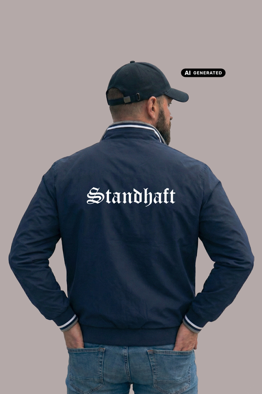 Ein Mann von hinten in einer dunkelblauen Bomberjacke mit weißem „Standhaft“-Schriftzug im altdeutschen Stil auf dem Rücken.