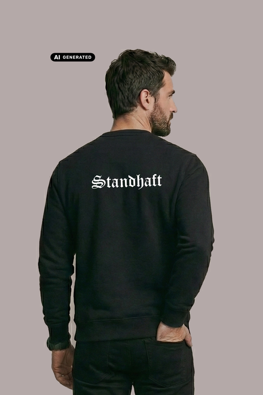 Ein Mann von hinten in einem schwarzen Pullover mit weißem „Standhaft“-Schriftzug im altdeutschen Stil auf dem Rücken.