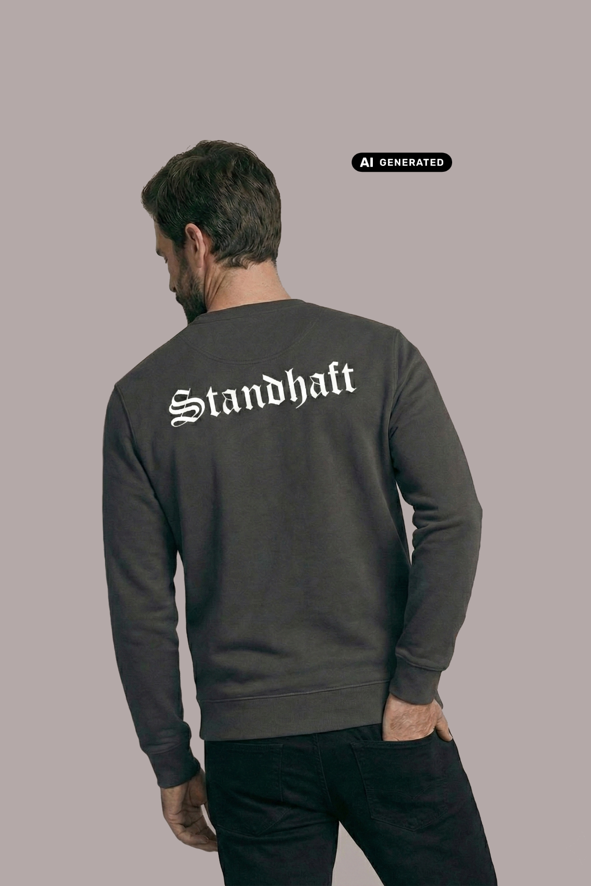 Ein Mann von hinten in einem dunkelgrauen Pullover mit weißem „Standhaft“-Schriftzug im altdeutschen Stil auf dem Rücken.