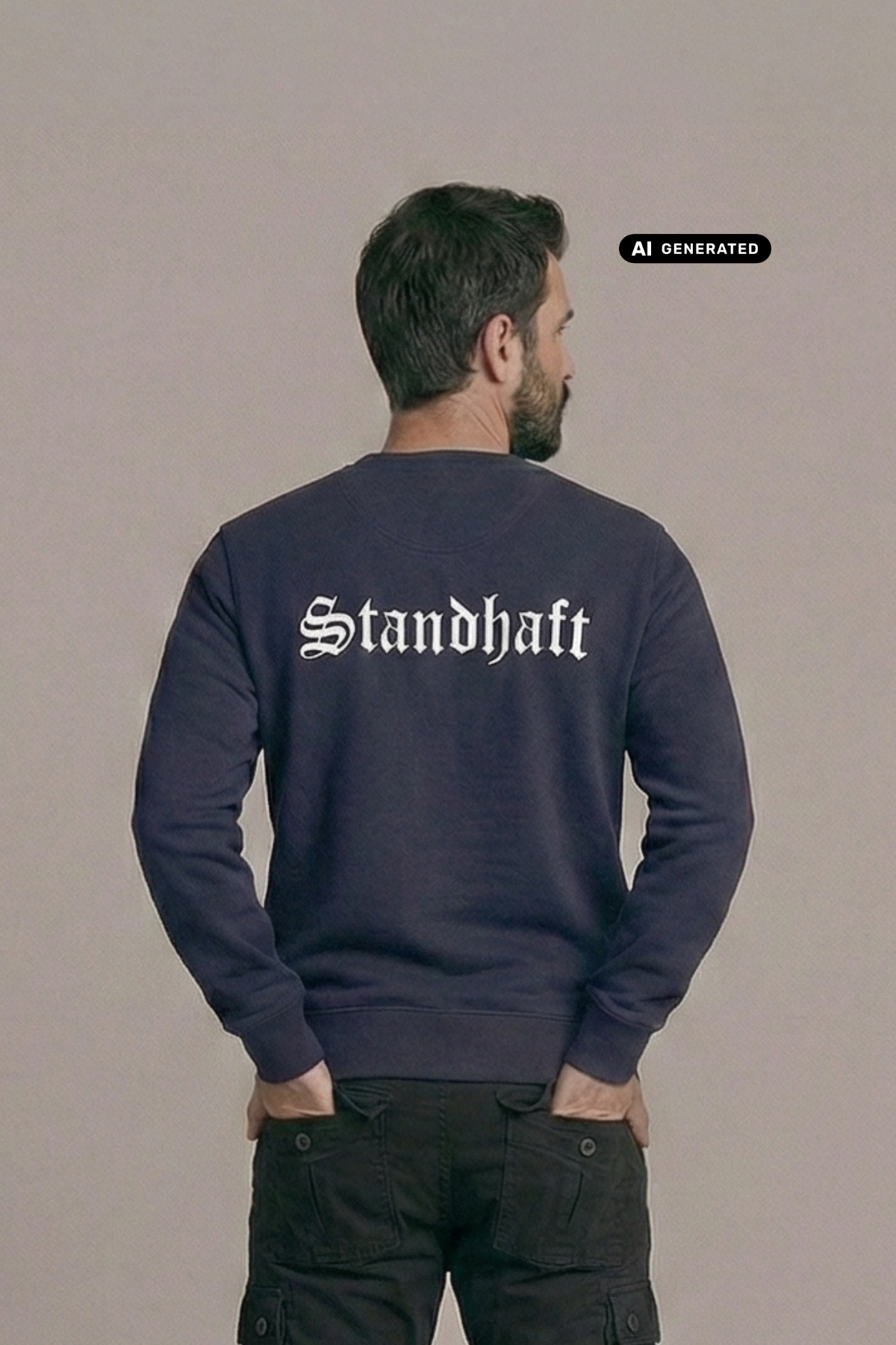 Ein Mann von hinten in einem dunkelblauen Pullover mit weißem „Standhaft“-Schriftzug im altdeutschen Stil auf dem Rücken.