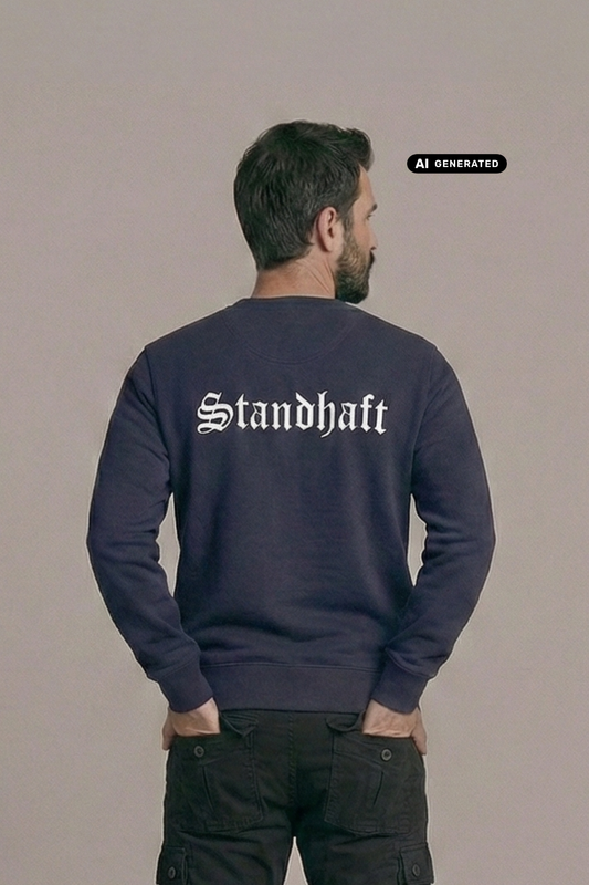 Ein Mann von hinten in einem dunkelblauen Pullover mit weißem „Standhaft“-Schriftzug im altdeutschen Stil auf dem Rücken.