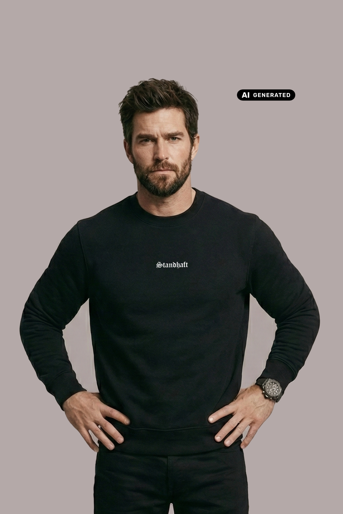 Ein Mann trägt einen schwarzen Pullover mit einem kleinen, weißen „Standhaft“-Schriftzug auf der Brust.