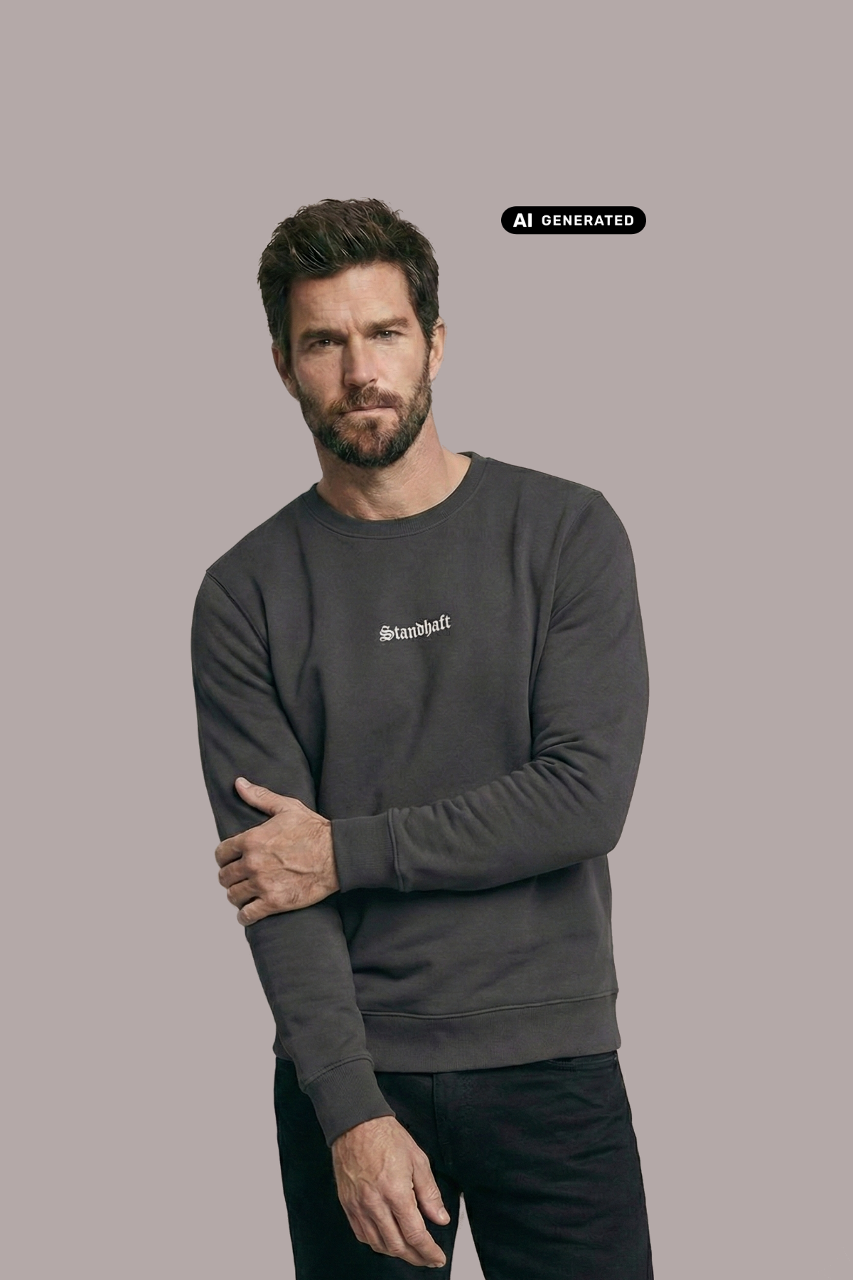 Ein Mann trägt einen dunkelgrauen Pullover mit einem kleinen, weißen „Standhaft“-Schriftzug auf der Brust.