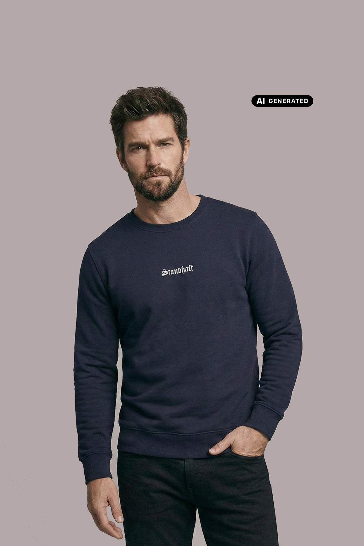 Ein Mann trägt einen dunkelblauen Pullover mit einem kleinen, weißen „Standhaft“-Schriftzug auf der Brust.