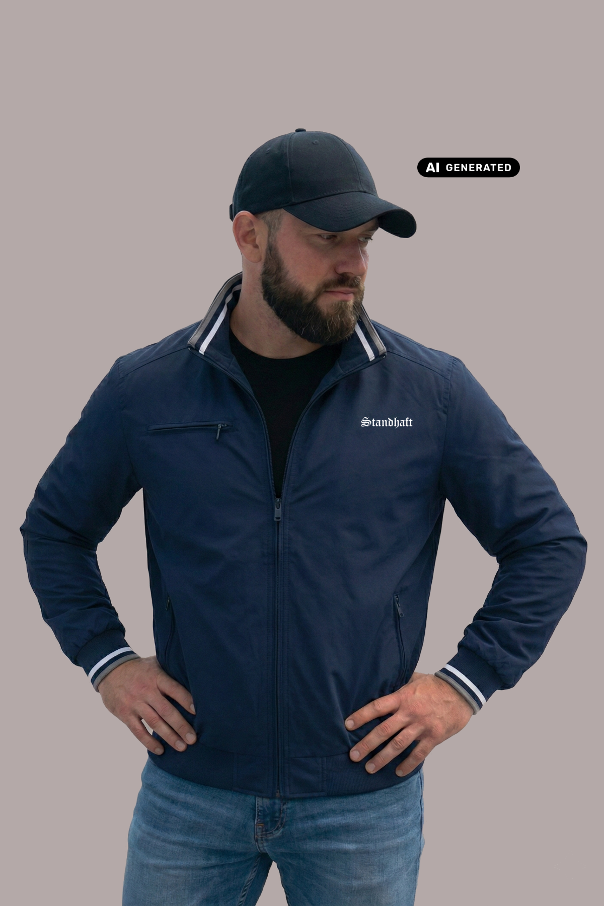 Ein Mann trägt eine dunkelblaue Bomberjacke mit einem kleinen, weißen „Standhaft“-Schriftzug auf der linken Brust.