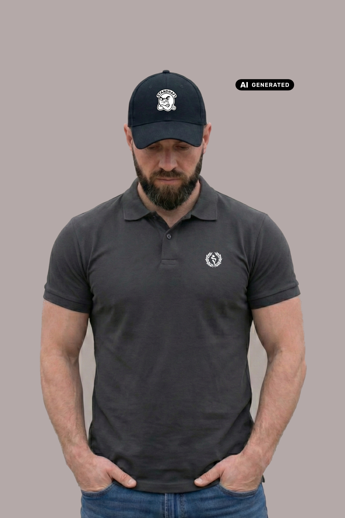 Bärtiger Mann mit Cap im dunkelgrauen Poloshirt mit Lorbeerkranz-Logo, Blick nach unten gerichtet.