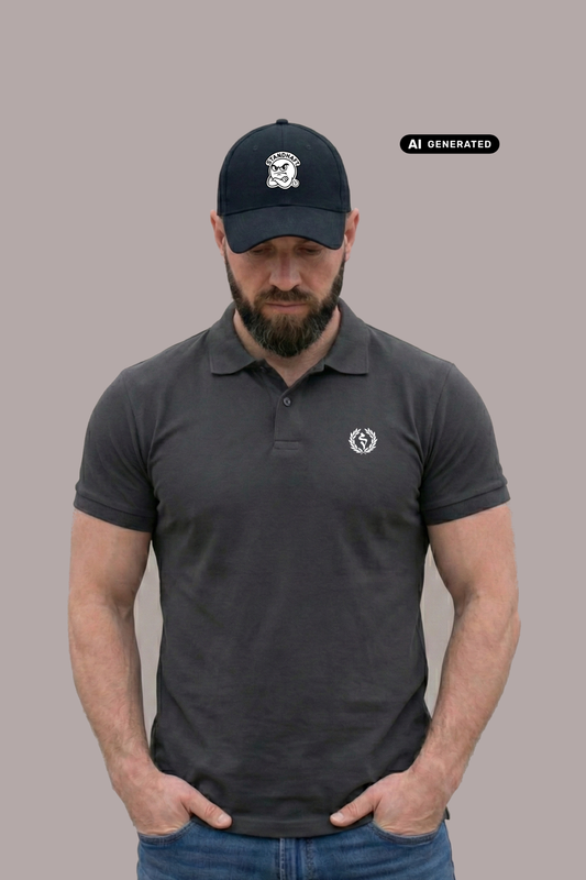 Bärtiger Mann mit Cap im dunkelgrauen Poloshirt mit Lorbeerkranz-Logo, Blick nach unten gerichtet.