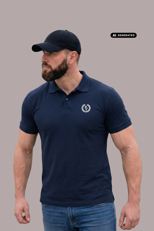Bärtiger Mann im Profil mit Cap und dunkelblauem Poloshirt mit Lorbeerkranz-Logo, Blick nach links gerichtet.