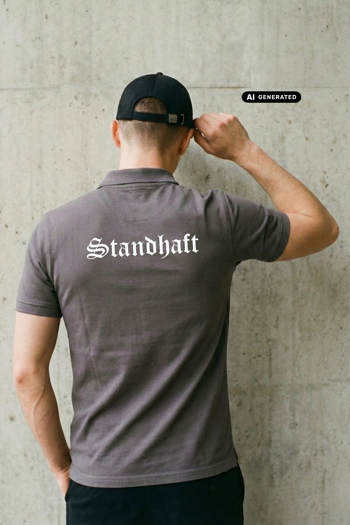 Ein Mann von hinten in einem grauen Poloshirt mit weißem „Standhaft“-Schriftzug im altdeutschen Stil auf dem Rücken.