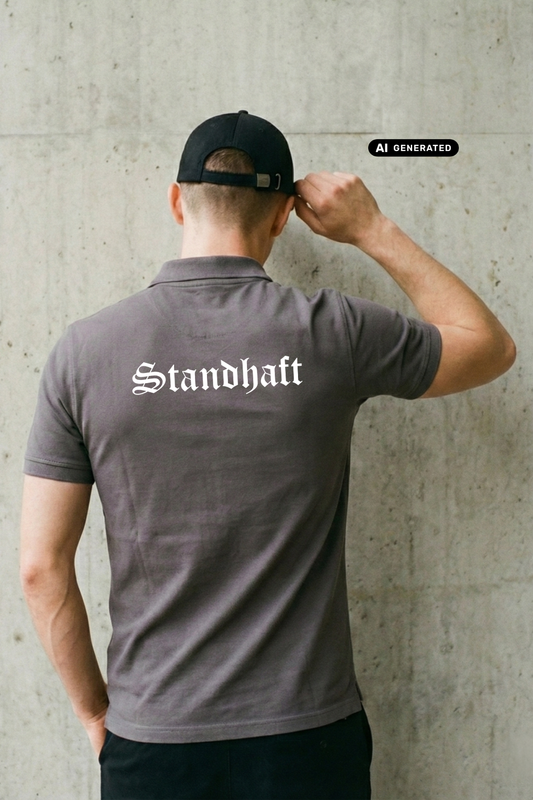Ein Mann von hinten in einem grauen Poloshirt mit weißem „Standhaft“-Schriftzug im altdeutschen Stil auf dem Rücken.