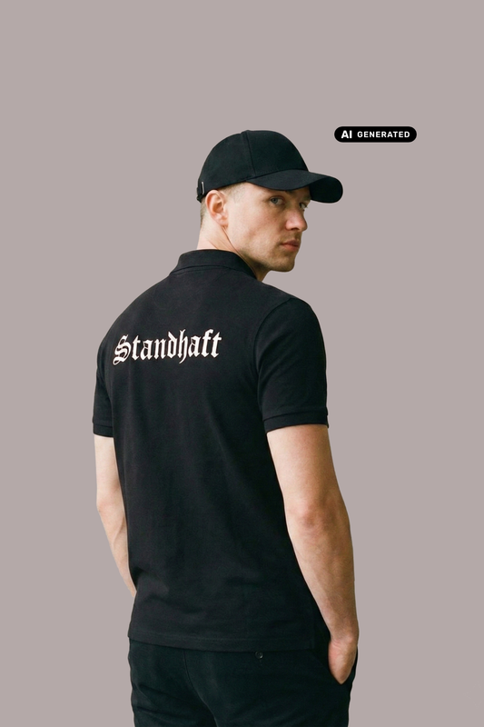 Ein Mann von hinten in einem schwarzen Poloshirt mit weißem „Standhaft“-Schriftzug im altdeutschen Stil auf dem Rücken.