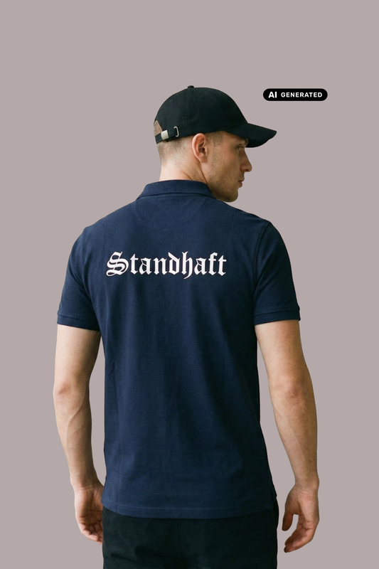 Ein Mann von hinten in einem dunkelblauen Poloshirt mit weißem „Standhaft“-Schriftzug im altdeutschen Stil auf dem Rücken.