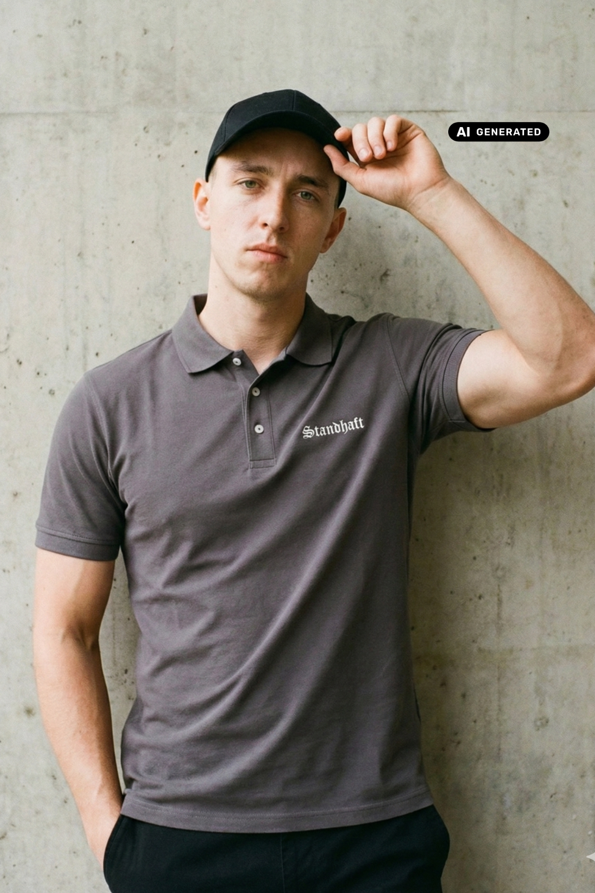 Ein Mann trägt ein graues Poloshirt mit einem kleinen, weißen „Standhaft“-Schriftzug auf der linken Brust.