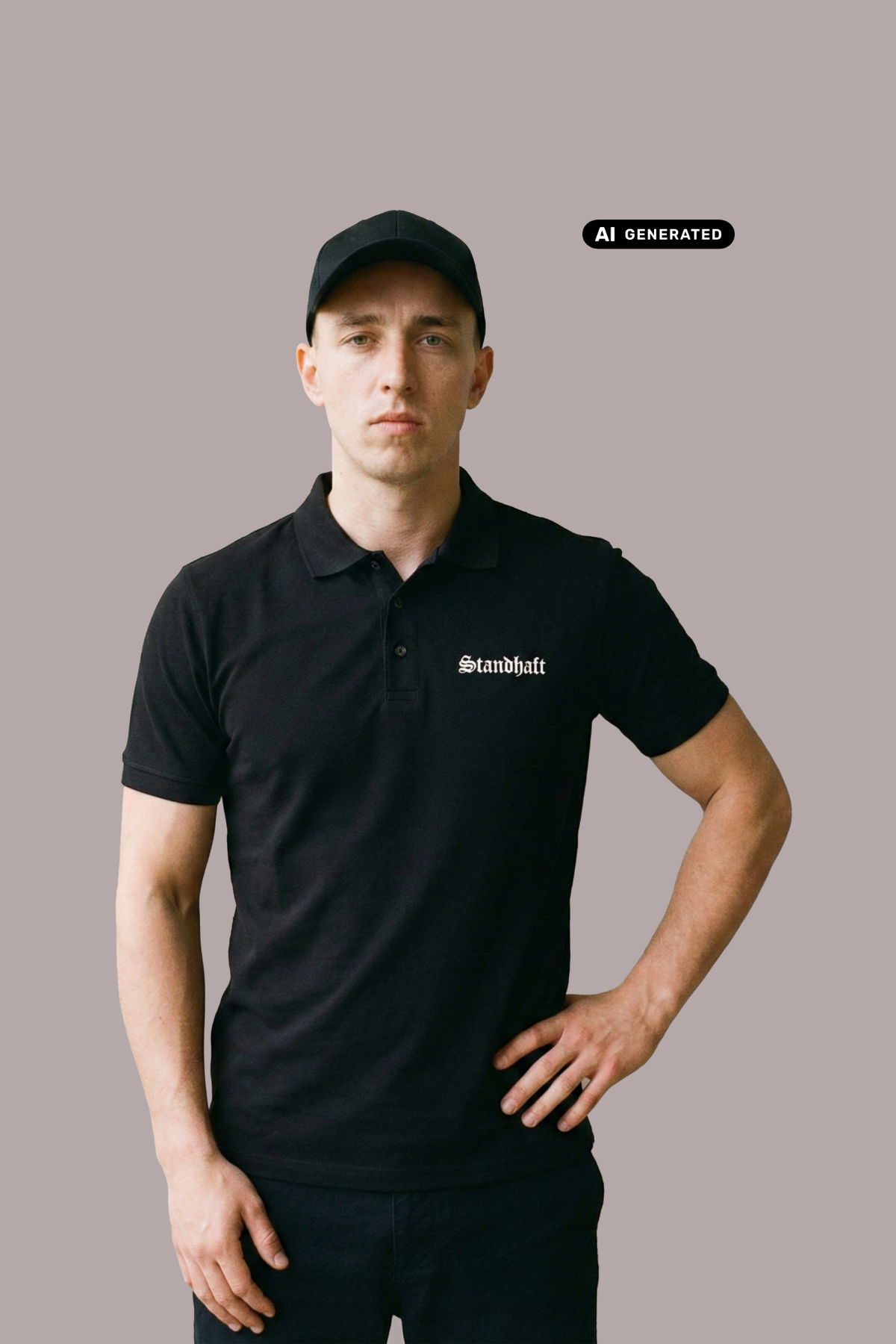 Ein Mann trägt ein schwarzes Poloshirt mit einem kleinen, weißen „Standhaft“-Schriftzug auf der linken Brust.