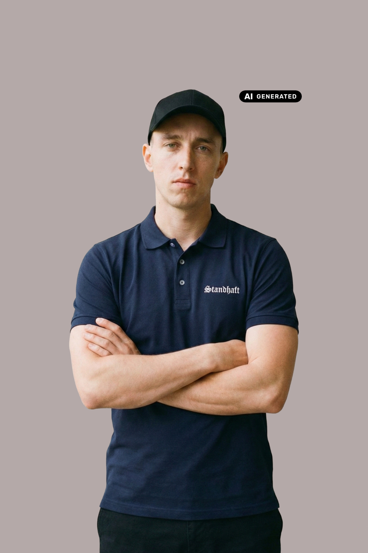 Ein Mann trägt ein dunkelblaues Poloshirt mit einem kleinen, weißen „Standhaft“-Schriftzug auf der linken Brust.