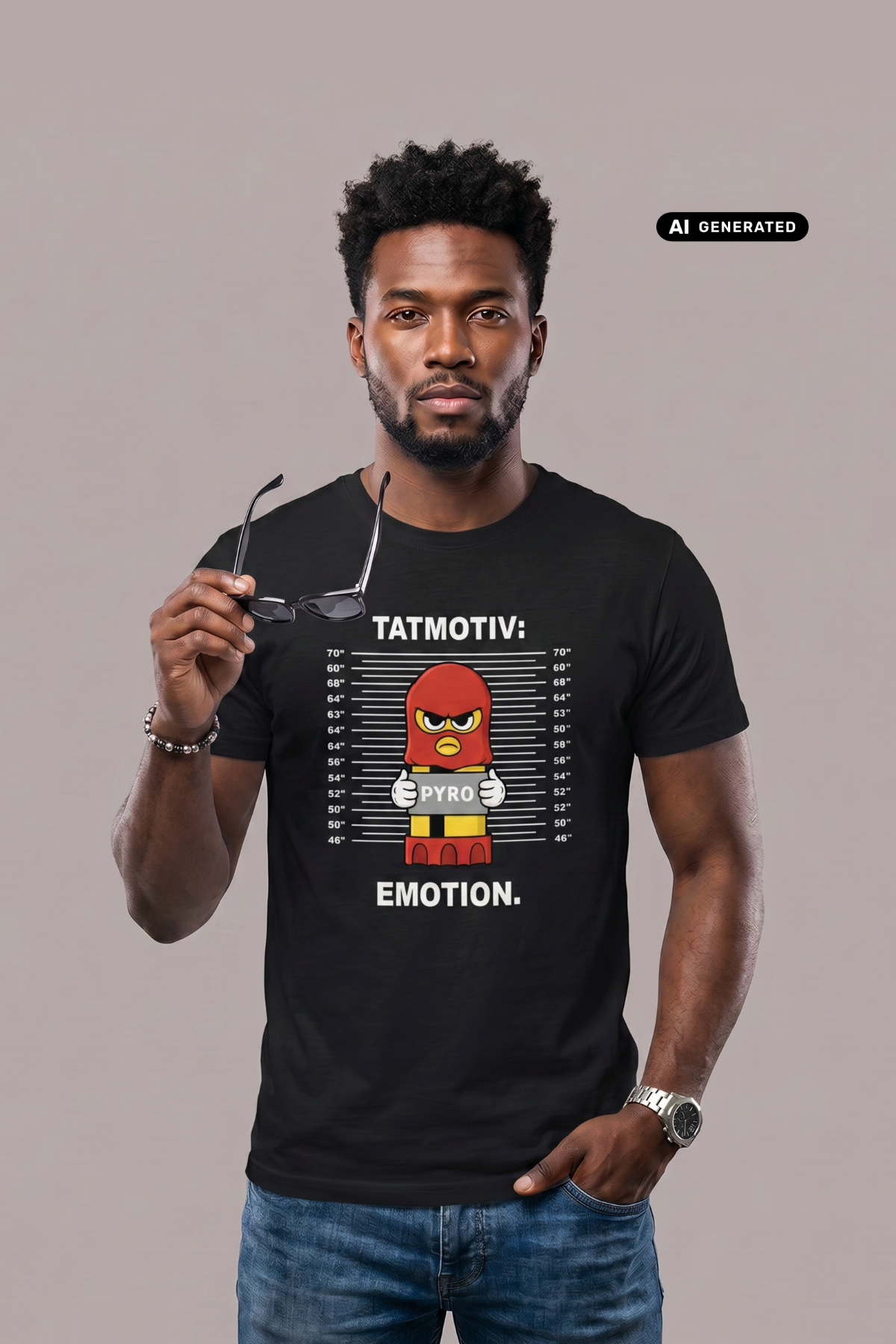 Ein Mann mit einer Sonnenbrille in der Hand trägt ein schwarzes T-Shirt mit dem Comic-Print einer Pyro-Figur vor einer Größenskala und den Schriftzügen „TATMOTIV:“ und „EMOTION“.